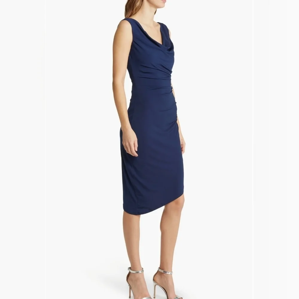 Sam Edelman Cowl Neck Ruched Jersey Midi Dress | Size LARGE Navy Blue - Picture 13 of 15